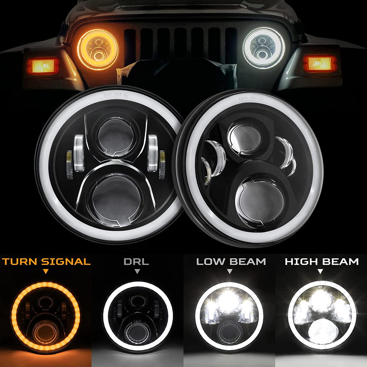 Haitzu 7 Inch LED Round Black Hilo Sealed Beam Headlight Dot Approved Compatible With Jeep Wrangler Jk Hummer H1 H2halo Amber Turn Light Drl H6024 Replacementincluded H4h13 Adaptor 2 Pcs