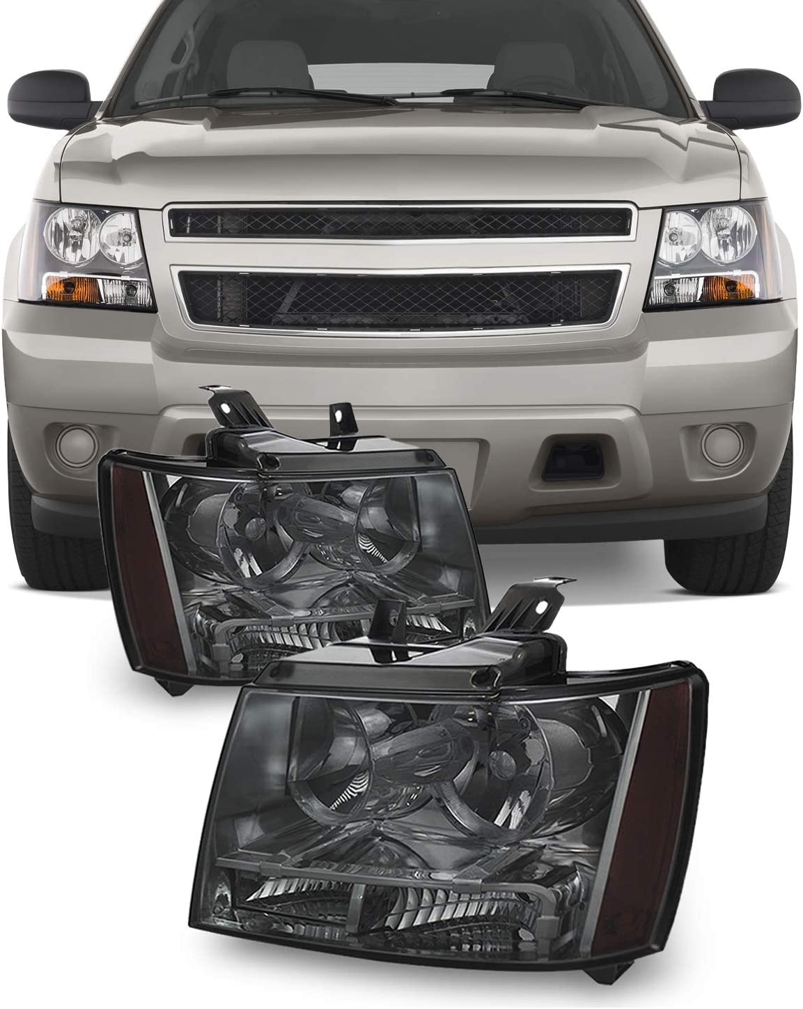Akkon For 0713 Suburban Tahoe Avalanche Chrome Clear Headlights Direct Replacement Left Right