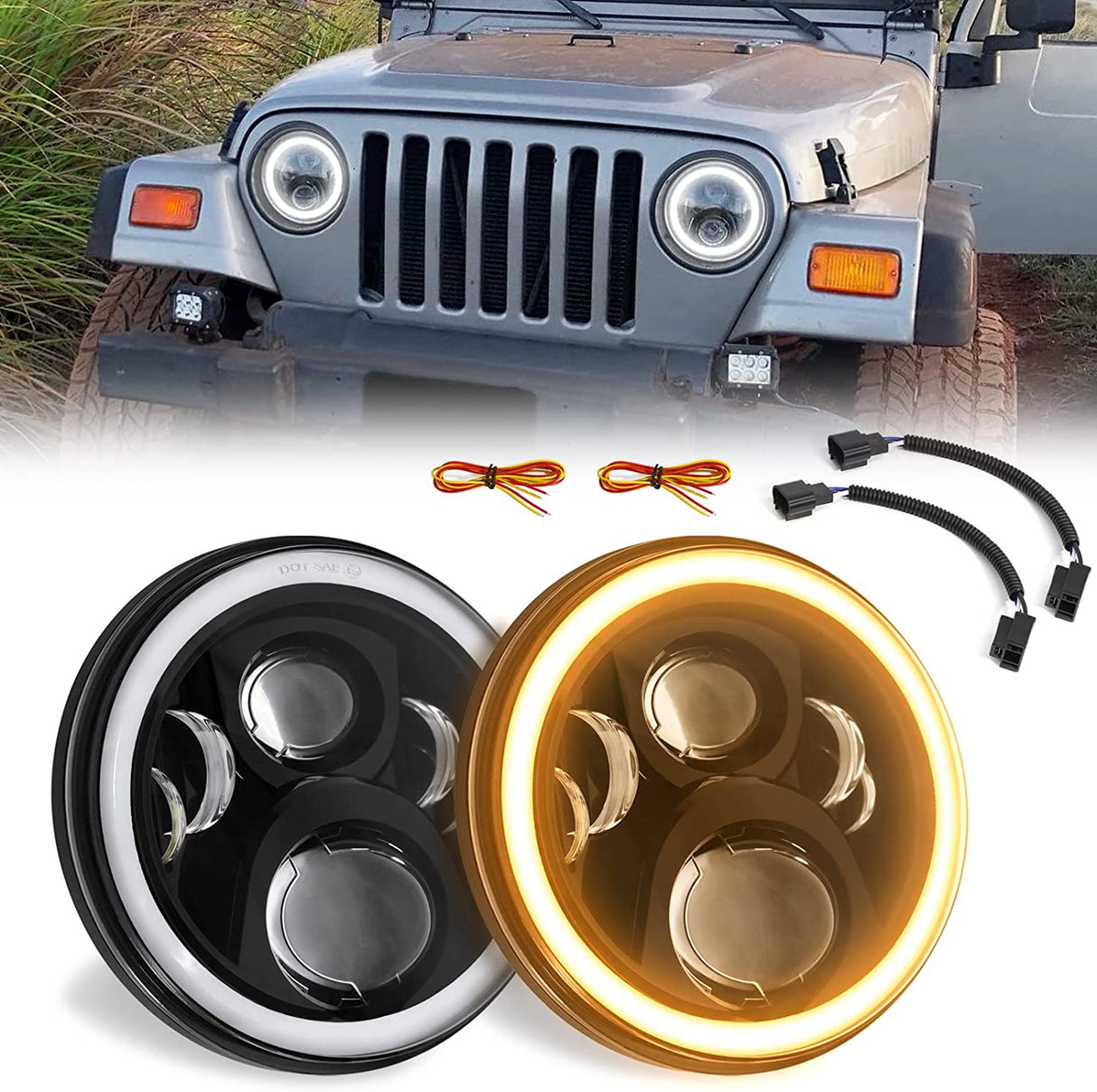 Haitzu 7 Inch LED Round Black Hilo Sealed Beam Headlight Dot Approved Compatible With Jeep Wrangler Jk Hummer H1 H2halo Amber Turn Light Drl H6024 Replacementincluded H4h13 Adaptor 2 Pcs