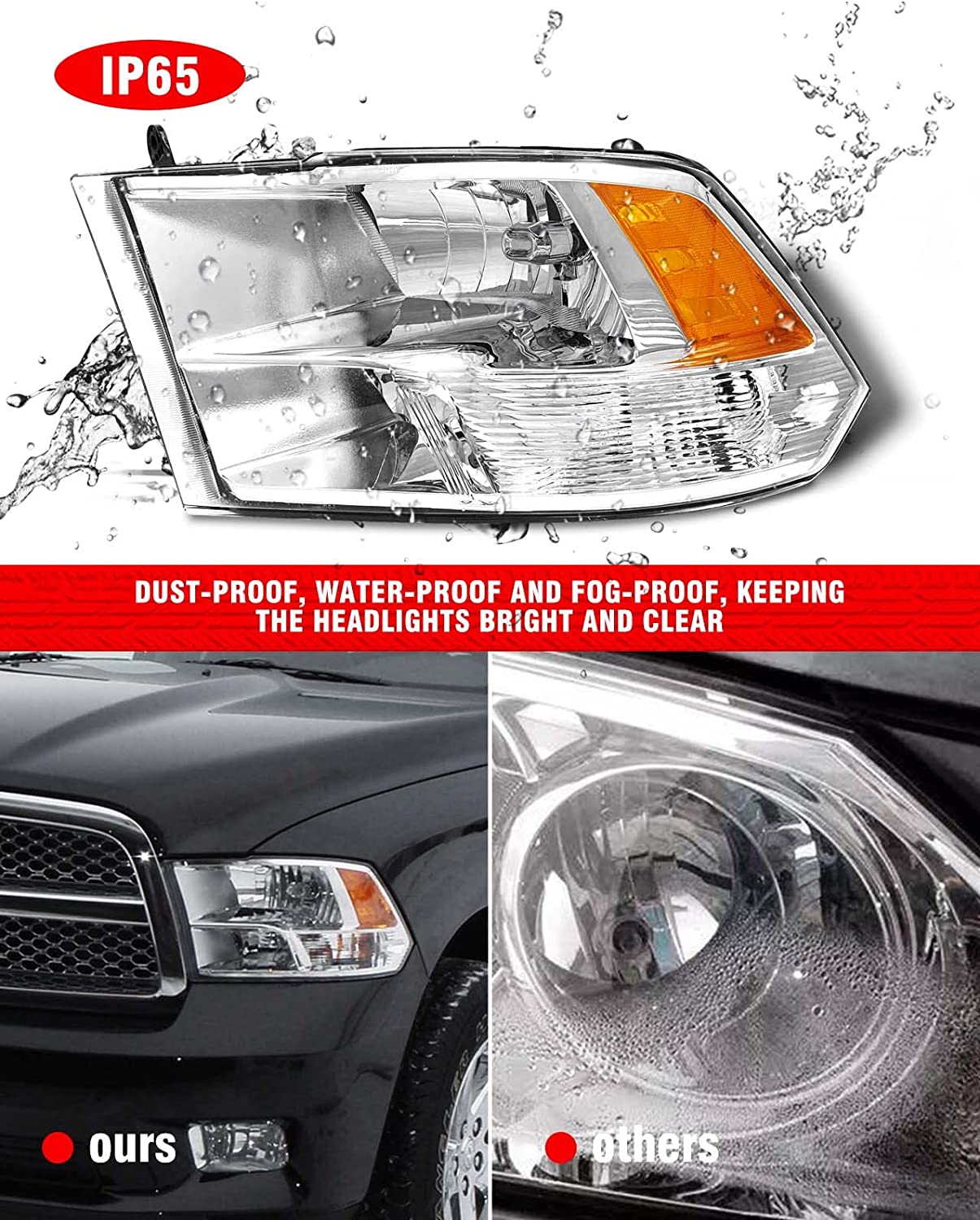 2009-2018 Dodge Ram Headlight Assembly Compatible with Ram 1500 / Ram 2500 3500 / 2010-2018 / Ram 2500 3500 / 2019-2021 Ram 1500 Classic, Chrome Housing Amber Reflector Replacement