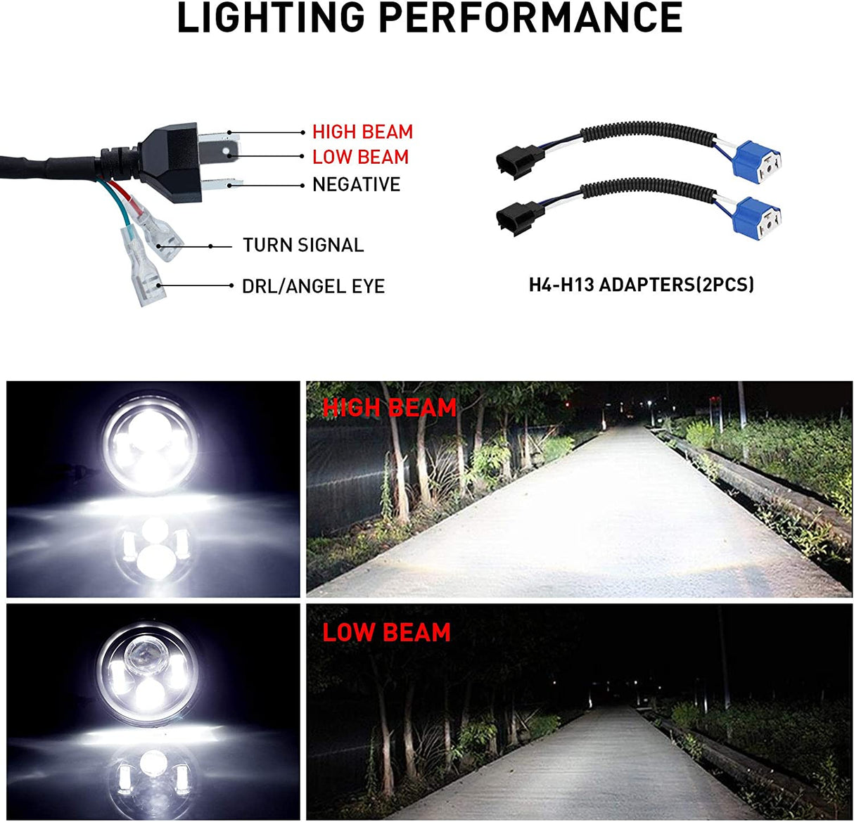 7 Inch H6024 Round LED Headlights Black High Low Sealed Beam H4h13 Adapter Compatible With Jeep Wrangler Jk Tj Lj Cj Hummber H1 H2 Pair