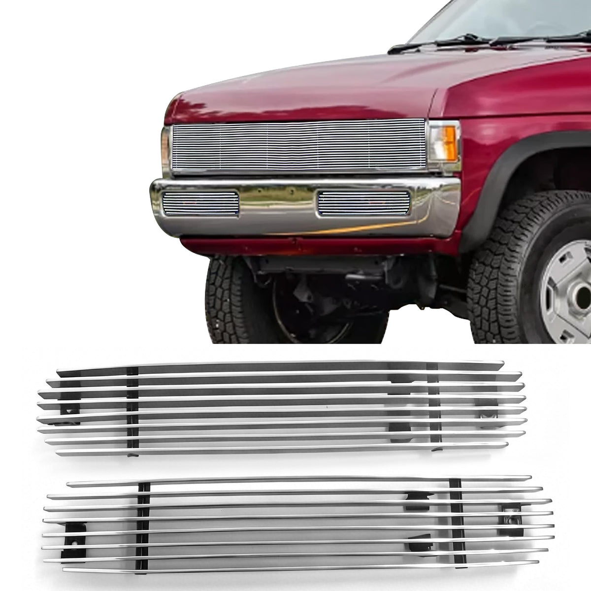 1995-1997 Nissan Pickup 2PCS Chrome Billet Style Front Bumper Lower Grille Replacement