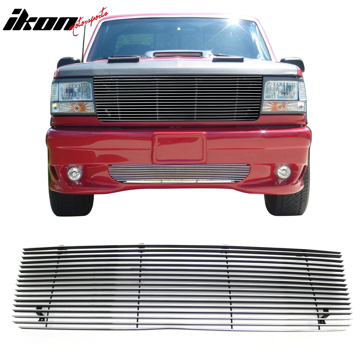 Front Bumper Upper Hood Horizontal Billet Grille Insert Assembly Replacement 1992-1996 Ford F-150/Bronco & 1992-1997 F-250 Chrome Aluminum