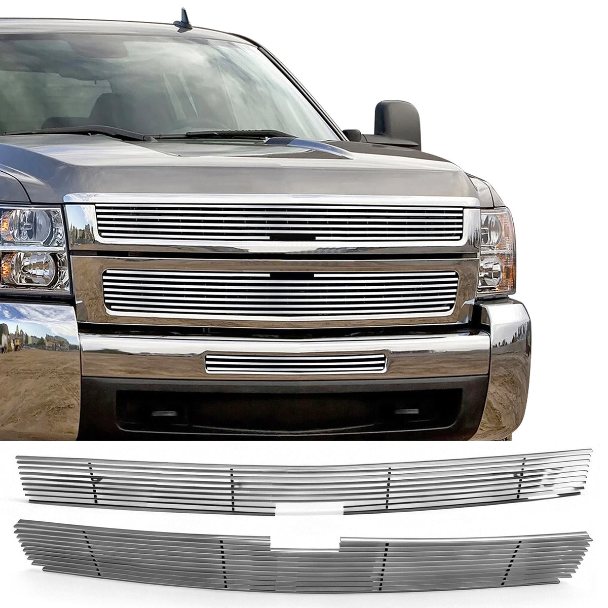 2007-2010 Chevy Silverado 2500/3500HD Front Bumper Upper Grille Insert Stainless Steel 2PCS