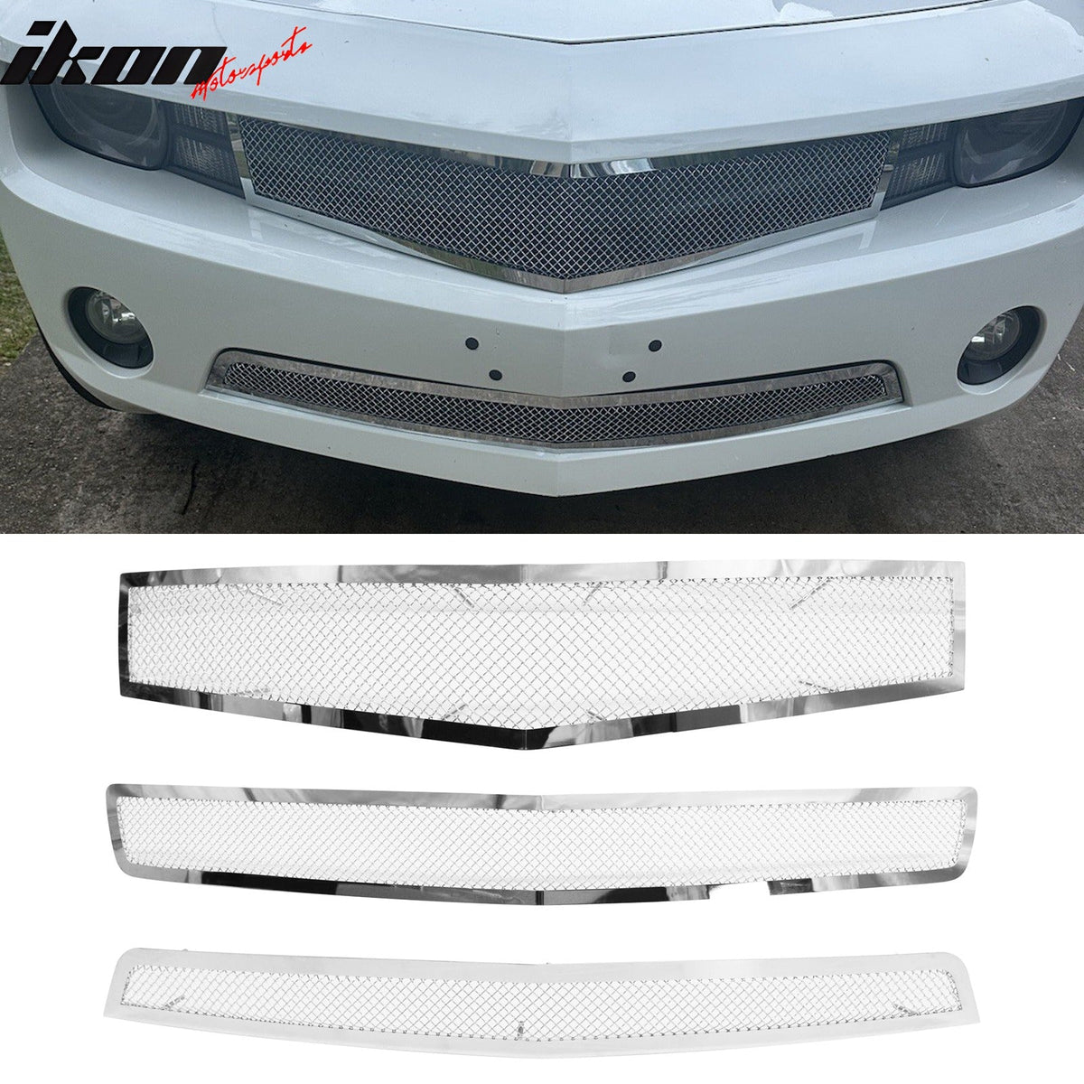 2010-2013 Chevy Camaro 3PCS Front Bumper Hood Upper & Lower Grille Replacement Chrome Stainless Steel Perimeter Woven Mesh Style