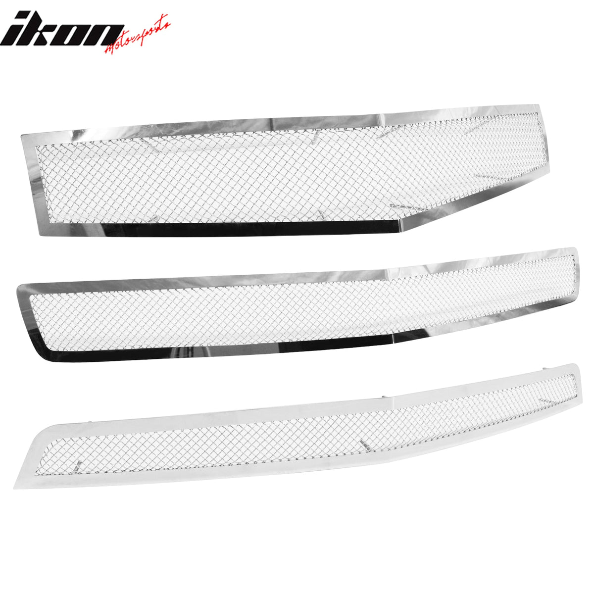 2010-2013 Chevy Camaro 3PCS Front Bumper Hood Upper & Lower Grille Replacement Chrome Stainless Steel Perimeter Woven Mesh Style
