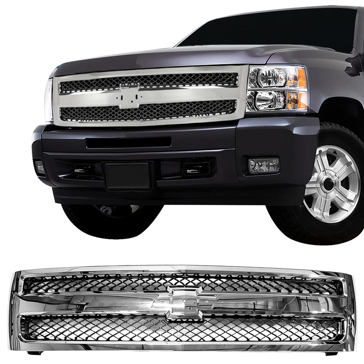 2007-2013 Chevrolet Silverado 1500 Front Bumper Hood Upper Mesh Grille Replacement Matte Black Mesh/Chrome Frame OE Style