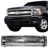 2007-2013 Chevrolet Silverado 1500 Front Bumper Hood Upper Mesh Grille Replacement Matte Black Mesh/Chrome Frame OE Style