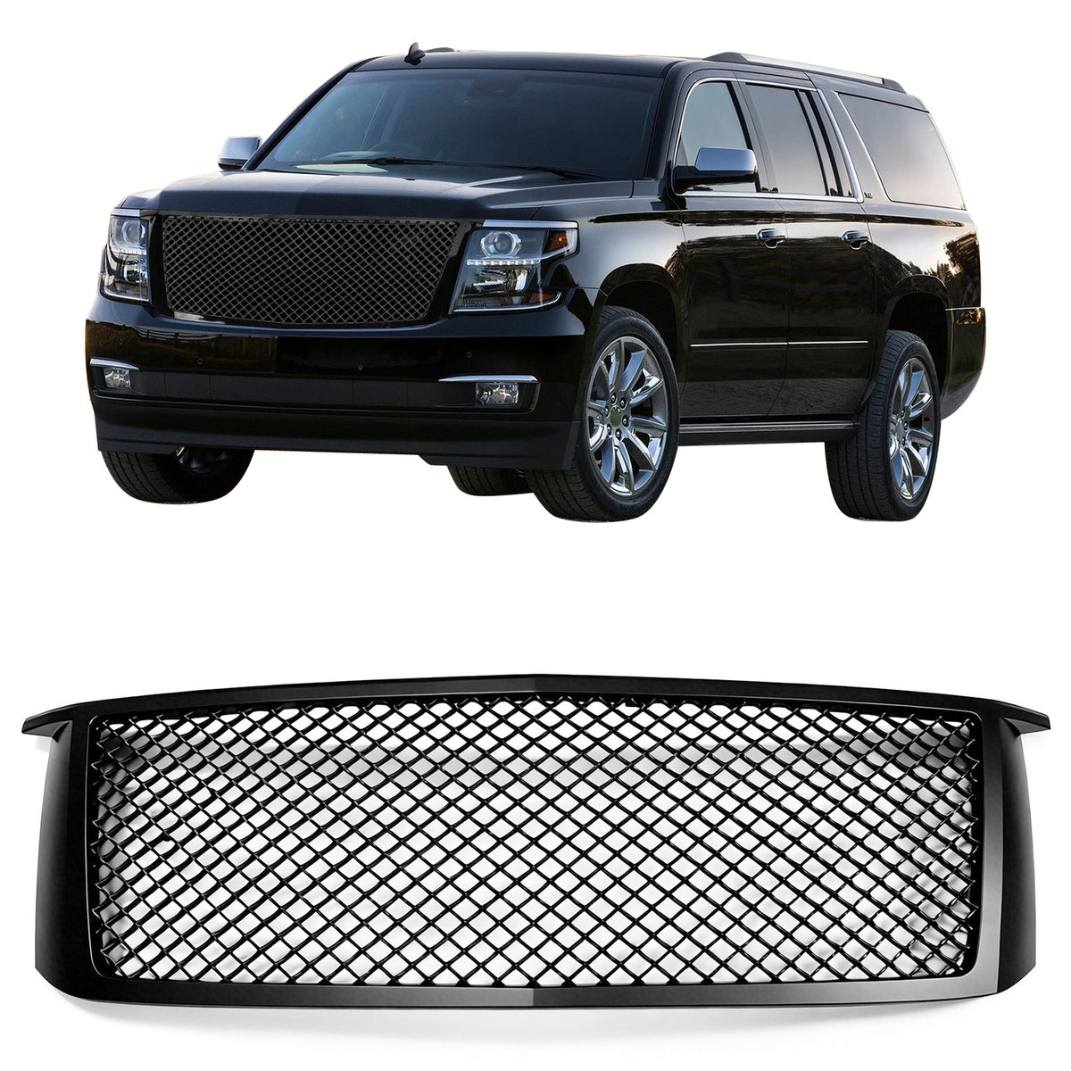 2015-2020 Chevrolet Tahoe & Suburban Front Bumper Hood Upper Grille Replacement Black ABS Plastic Mesh Style