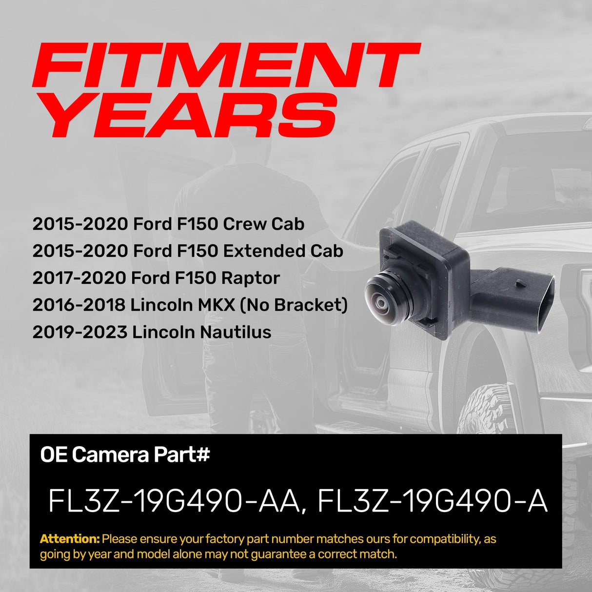 Ford F150 Crew Cab (15-20), F150 Extended Cab (15-20), F150 Raptor (17-20) / Lincoln MKX (16-18), Nautilus (19-23) RIGHT Side View OEM Replacement Backup Camera OE Part # FL3Z-19G490-AA, FL3Z-19G490-A
