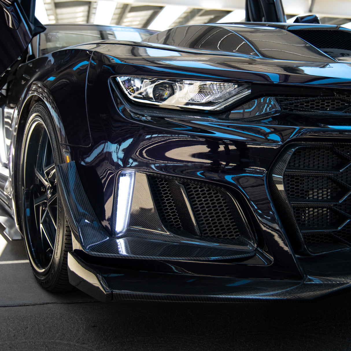 2019-2025 Chevy Camaro SS RS LT Black Panther ZL1 1LE 1PC Full Gloss Carbon Fiber Track Package Front Bumper Conversion for RS Headlights