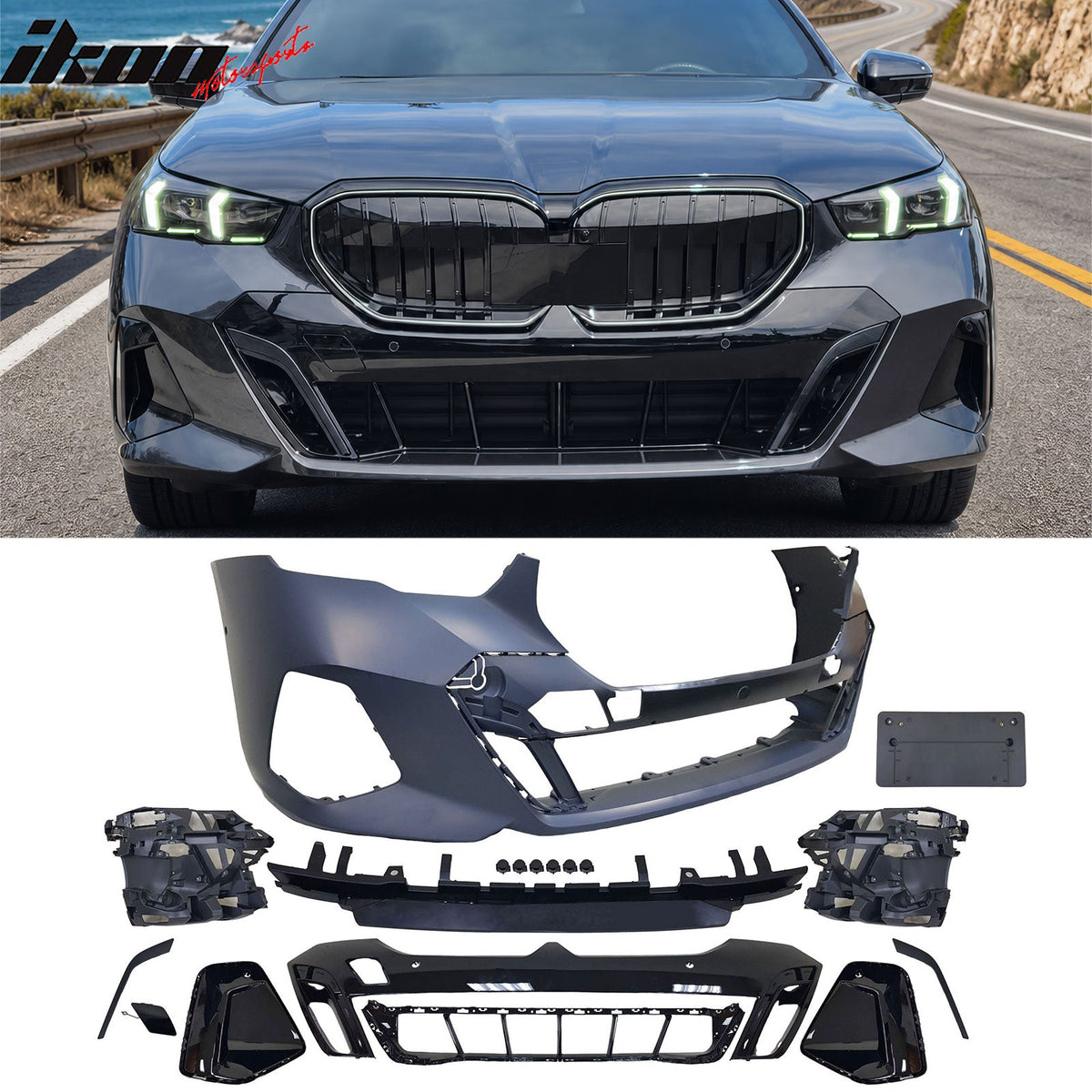 2024-2026 BMW G60 5-Series Sedan M Sport Style Front & M60 Rear Bumper Cover Conversion Assembly Replacement + MP Rocker Panel Unpainted PP