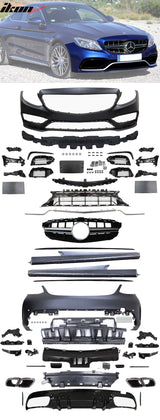 Fits 15-18 Benz W205 C63 Bumper Kit w/ Silver Grill Tips Side Skirts