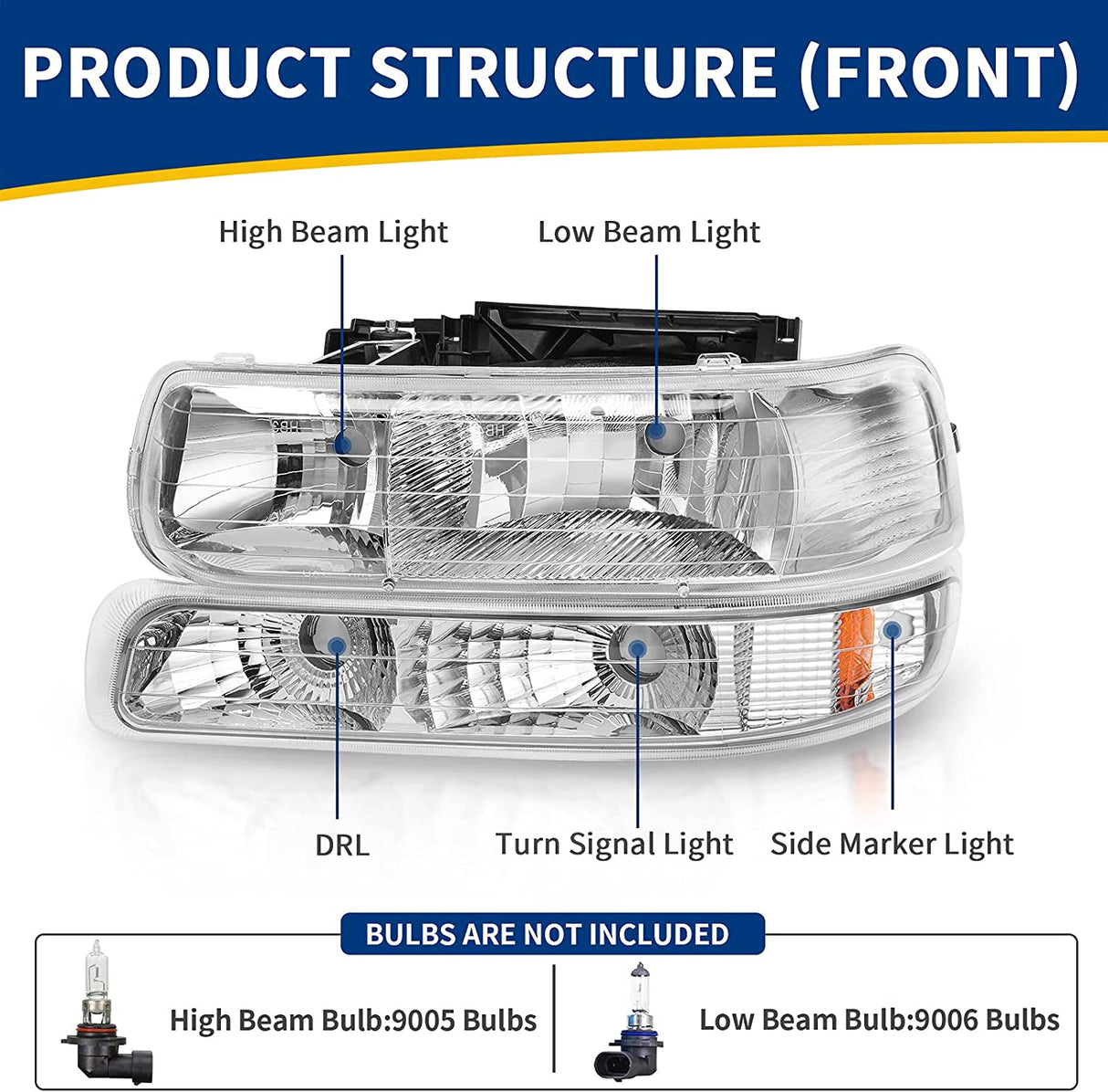Autosaver88 Headlight Assembly Compatible With 9902 Chevy Silverado 1500 25000102 1500hd 2500hd 35000006 Tahoe Suburban 2500 Headlamp Bumper Lights Chrome Housing Amber Reflector
