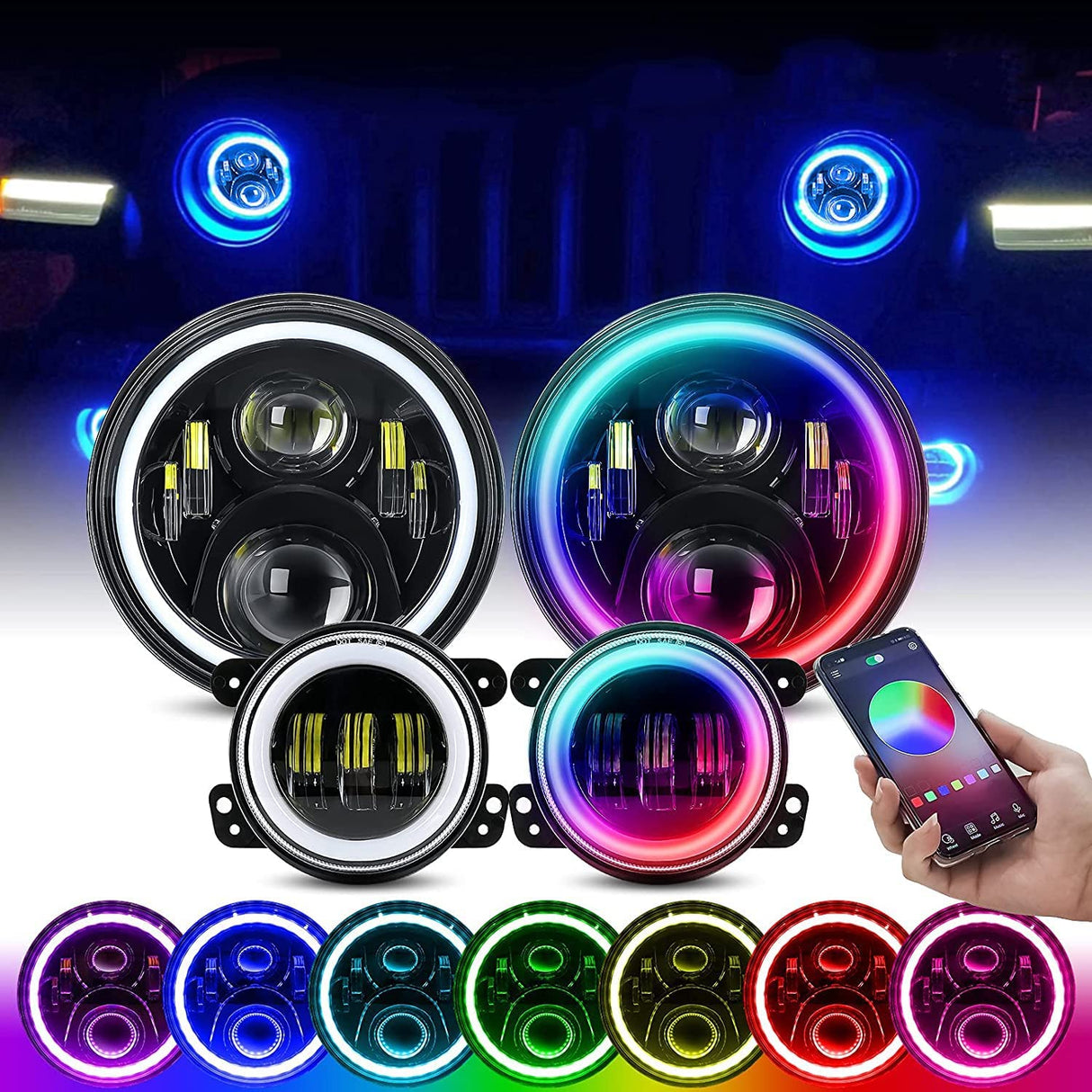 1997-2018 Jeep Wrangler 7 Inch RGB Halo Headlights And Fog Lights Bluetooth Color Control Dot Kits For 19972018 Jk Jku Tj Ljw Ring Drl Amber Turn Signal hi/lo Beam Multicolor