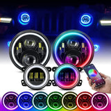 1997-2018 Jeep Wrangler 7 Inch RGB Halo Headlights And Fog Lights Bluetooth Color Control Dot Kits For 19972018 Jk Jku Tj Ljw Ring Drl Amber Turn Signal hi/lo Beam Multicolor