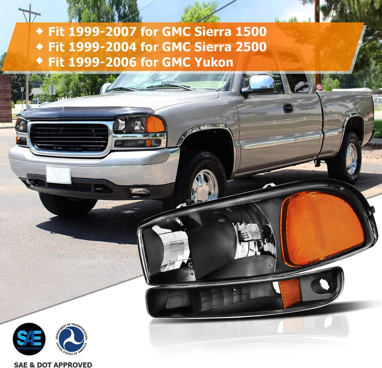 Lbrst Headlight Assembly For Gmc Sierra 1500 19992006 Classic 2007 2500 19992004 Black Housing Amber Reflector Clear Lens Driver And Passenger Side Headlamp