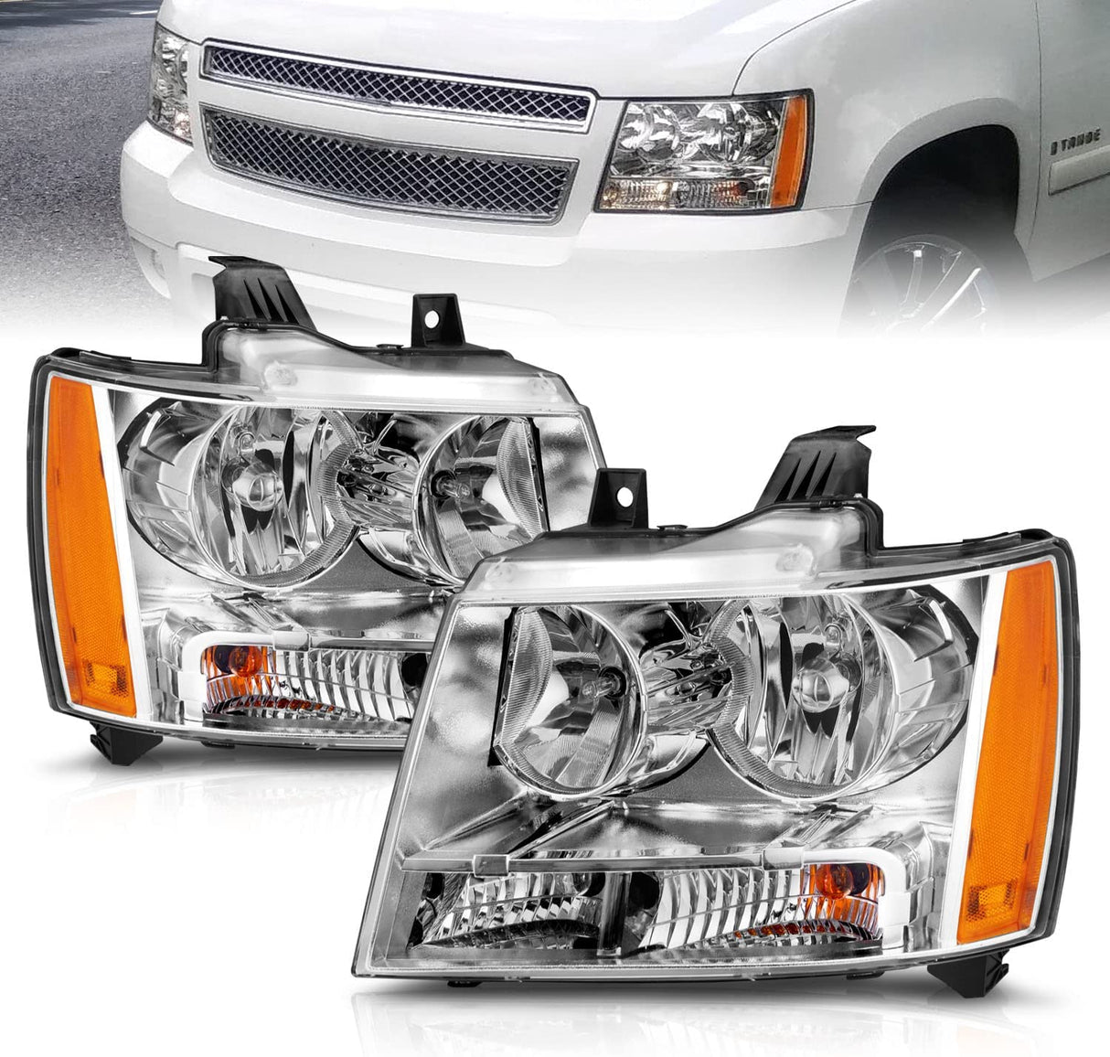 Amerilite For Chevy 0713 Tahoesuburbanavalanche Factory Style Replacement Headlights Pair Driver And Passenger Side Chrome Housing