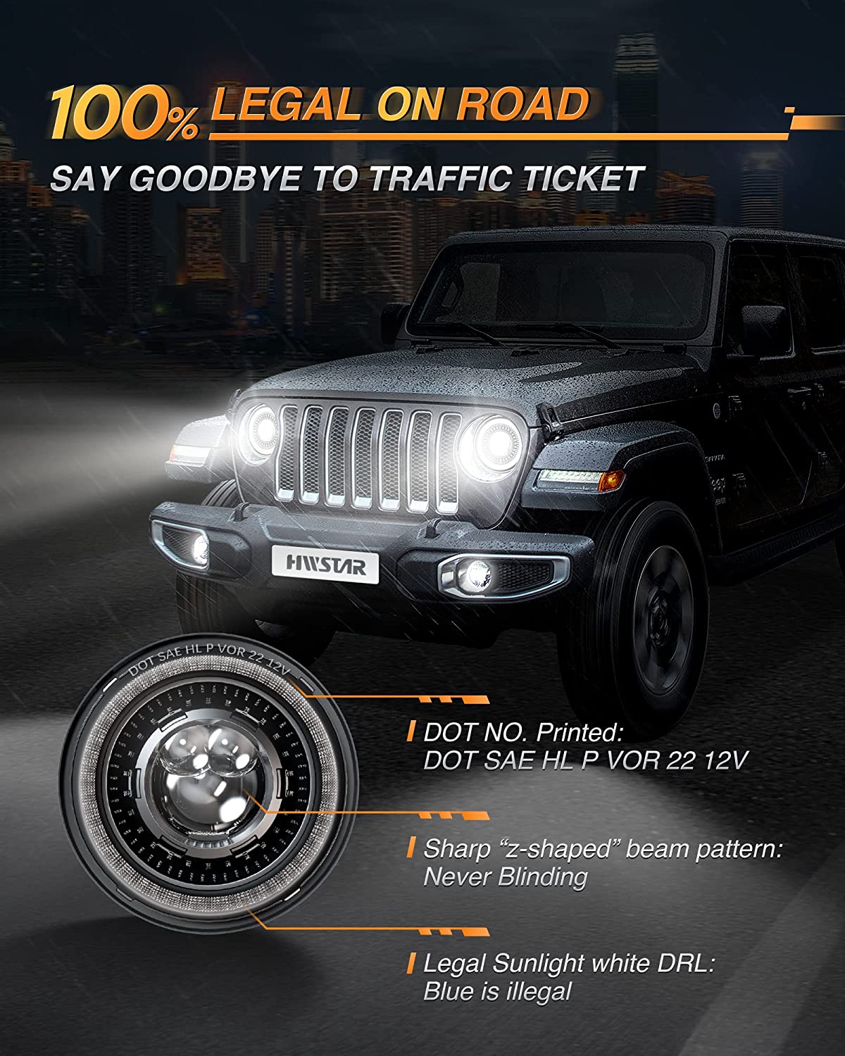 HWSTAR 1000% Bright Anti-Glare 7 Inch Round LED Headlights Compatible with Jeep Wrangler JK JKU TJ LJ Chevy Ford GMC etc. With Starry Boot Gradient Halo Turn Signal DRL H6024 DOT Hi/Lo Sealed Beam