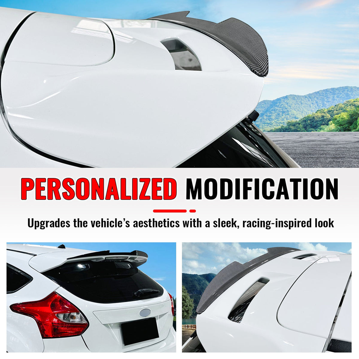 2013-2018 Ford Focus ST Rear Roof Window Spoiler Wing Exterior Auto Parts V Style Painted Carbon Fiber Print ABS Plastic
