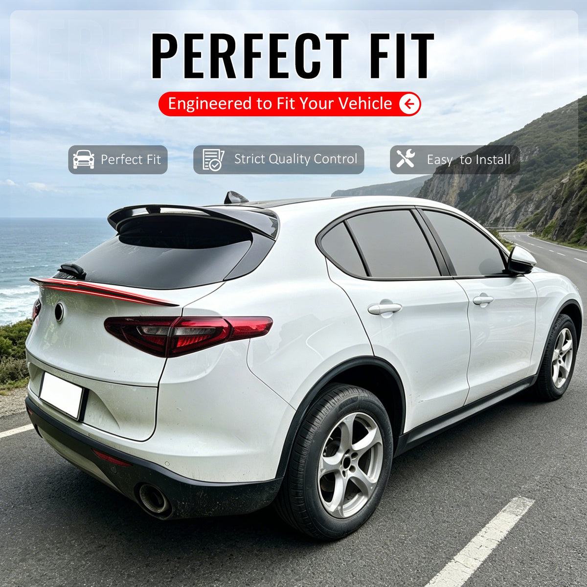 2017-2026 Alfa Romeo Stelvio V Style Trunk Middle Spoiler Wing Gloss Black ABS