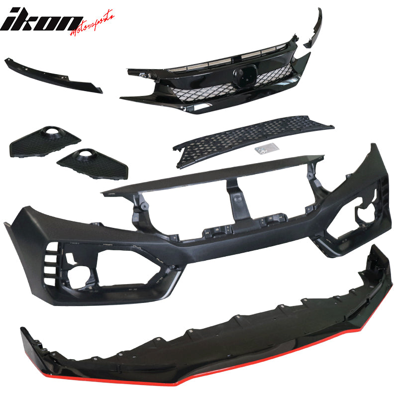2016-2021 Honda Civic Type-R Style Front Bumper & Lip Gloss Black Red