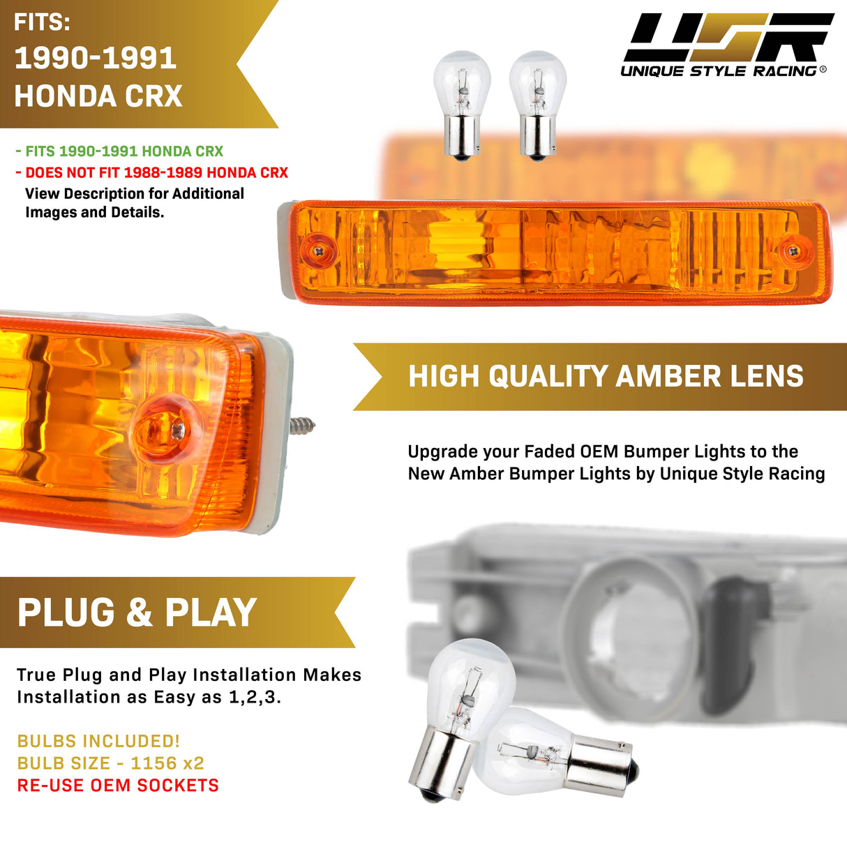 1990-1991 Honda Crx Depo Crystal 脢Amber Bumper Lights
