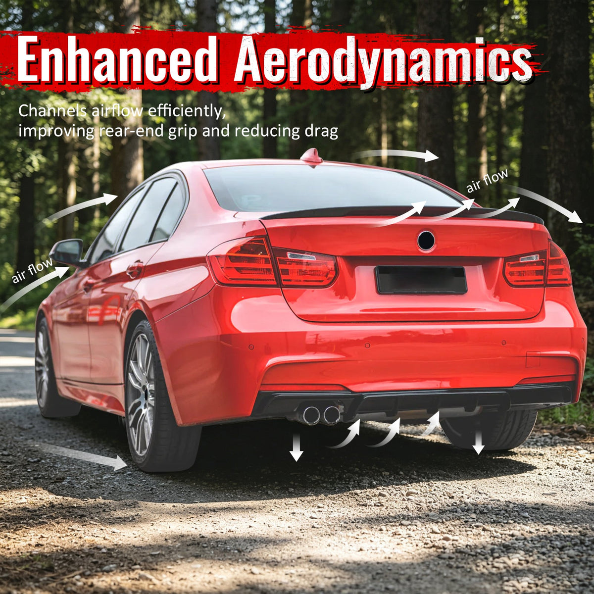 2012-2018 BMW 3 Series F30 F31 M Sport Rear Bumper Diffuser Lip Single Side Dual Exhaust Gloss Black PP
