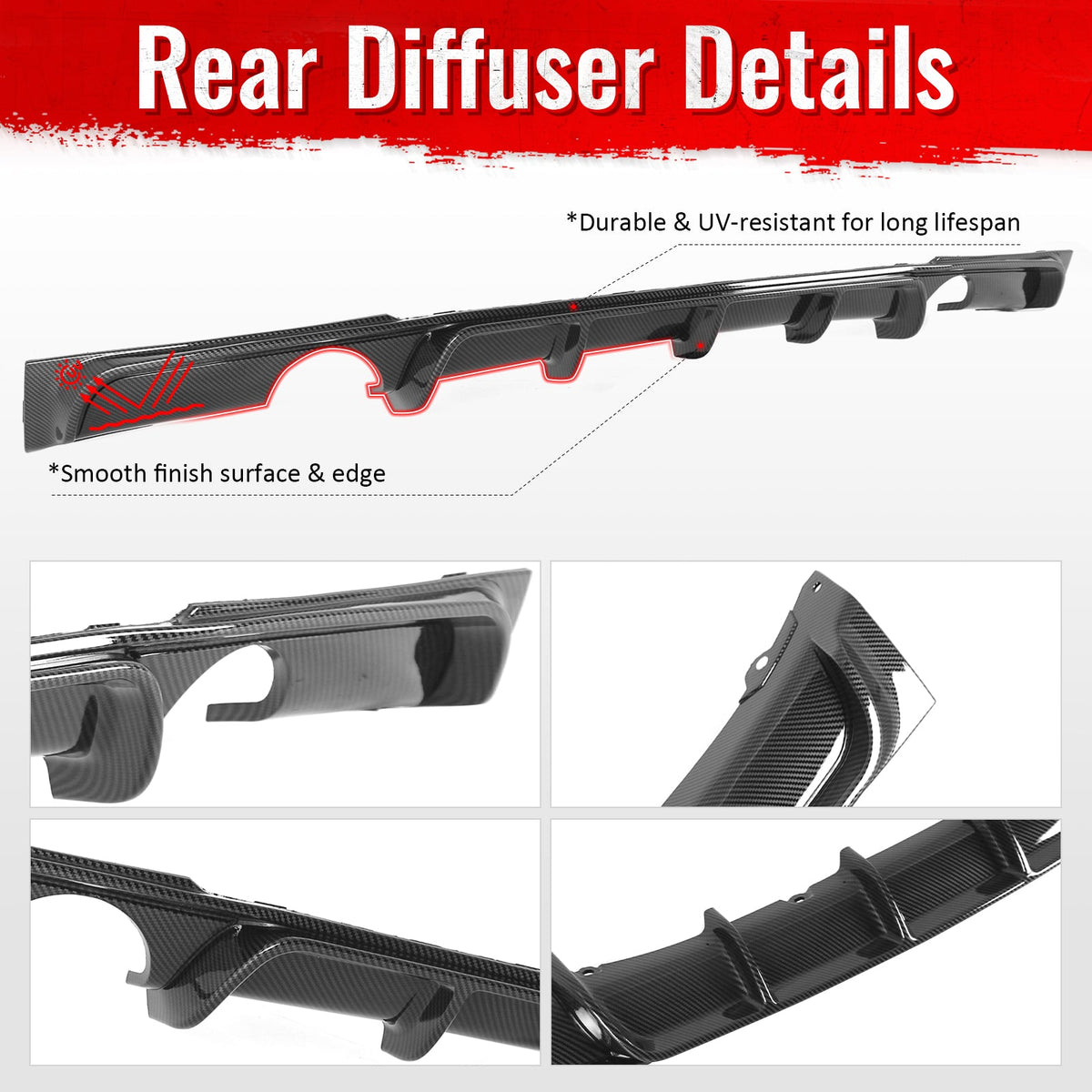 2012-2018 BMW 3 Series F30 F31 M Sport Rear Bumper Diffuser Lip Dual Side Single Exhaust Carbon Fiber Print PP