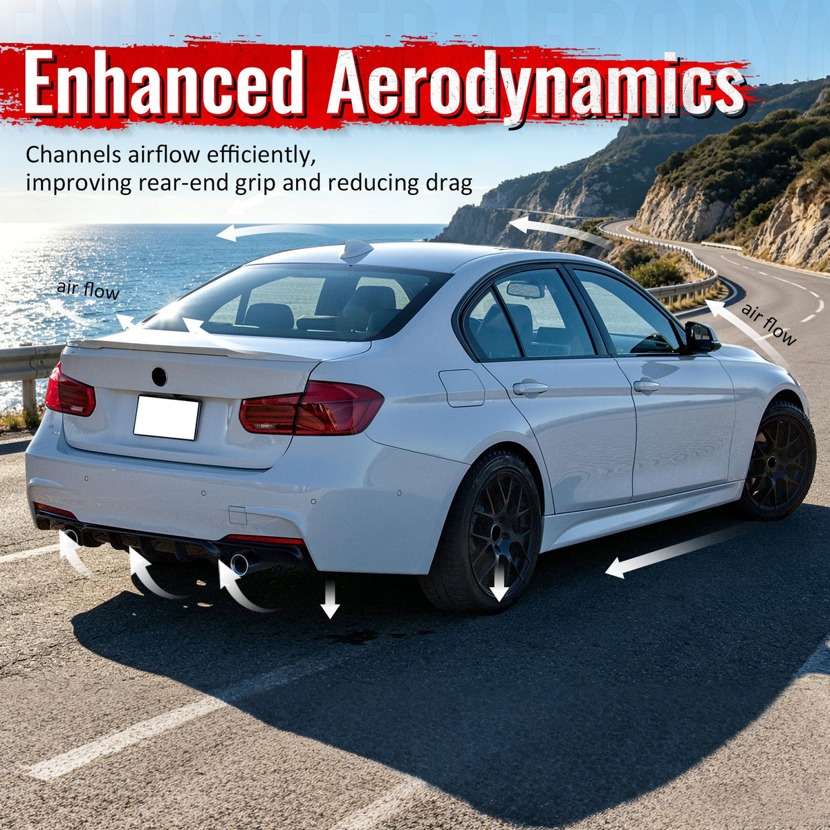 2012-2018 BMW 3 Series F30 F31 M Sport Rear Bumper Diffuser Lip Dual Side Single Exhaust Carbon Fiber Print PP