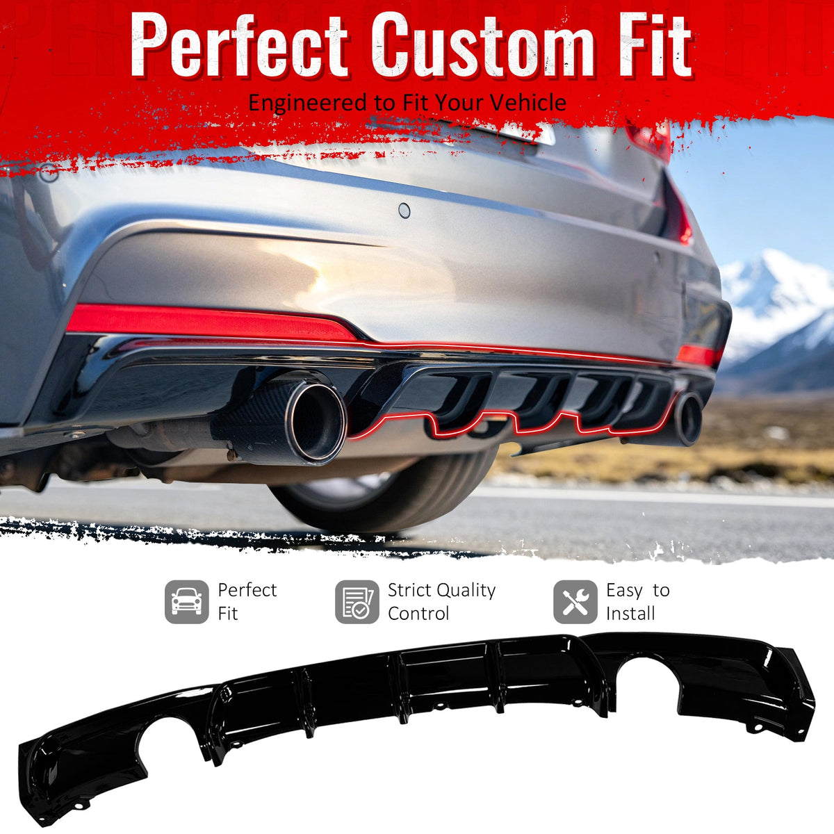 2012-2018 BMW 3 Series F30 F31 M Sport Rear Bumper Diffuser Lip Dual Side Single Exhaust Gloss Black PP
