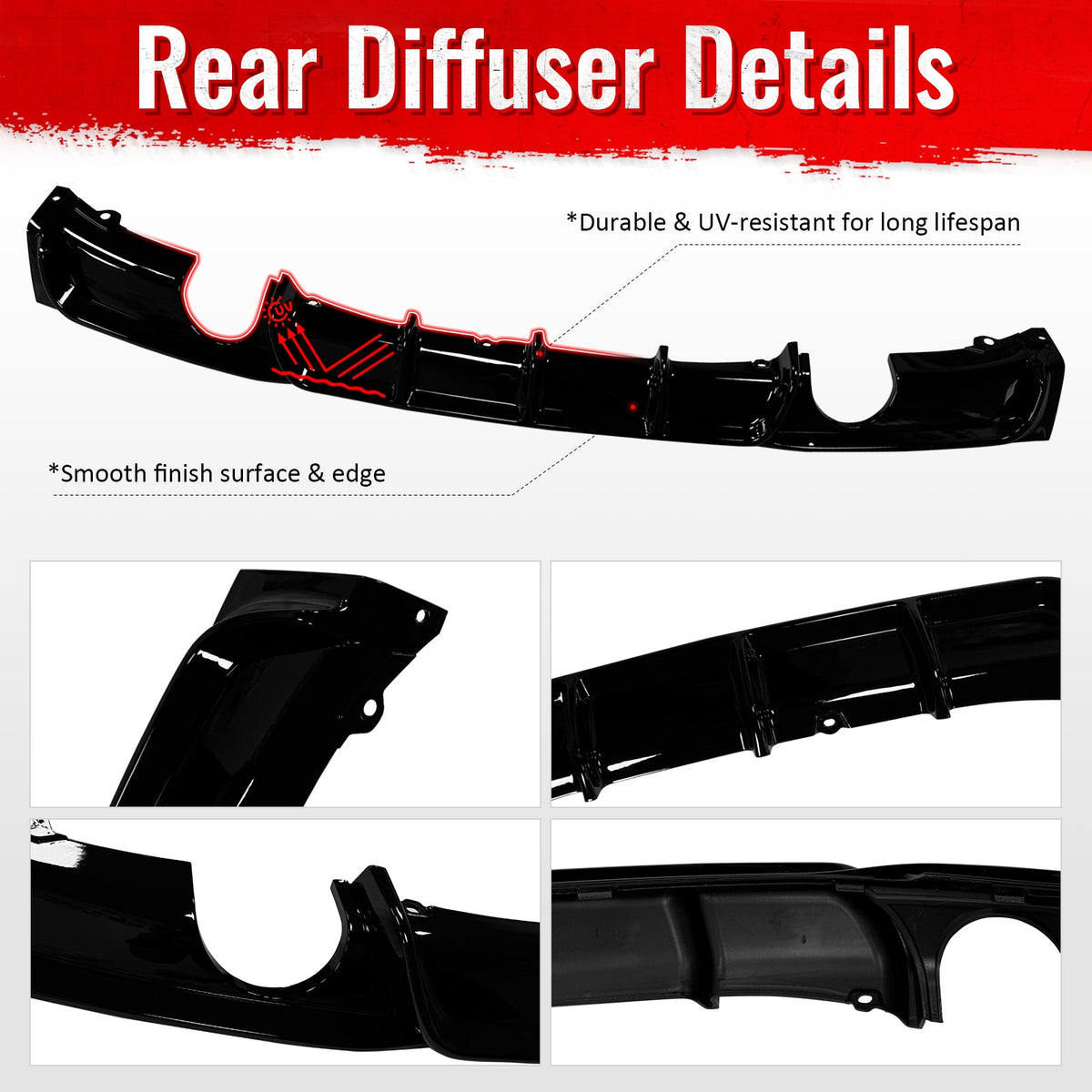 2012-2018 BMW 3 Series F30 F31 M Sport Rear Bumper Diffuser Lip Dual Side Single Exhaust Gloss Black PP