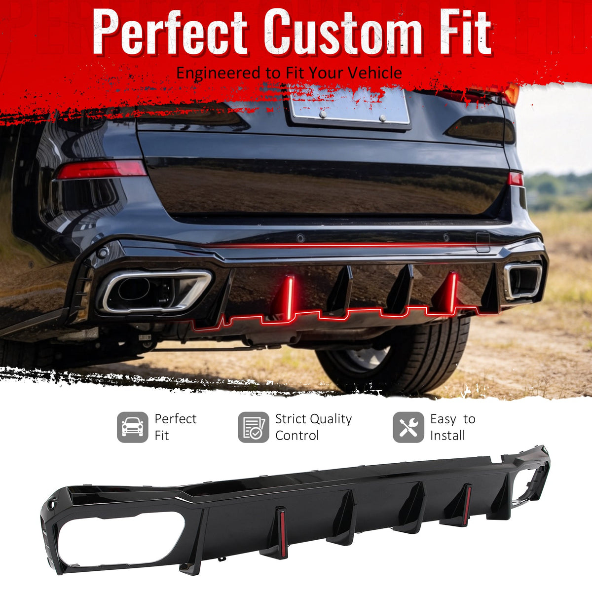 2019-2026 BMW X5 G05 M Sport Rear Diffuser Lip W/ LED Brake Light Gloss Black PP