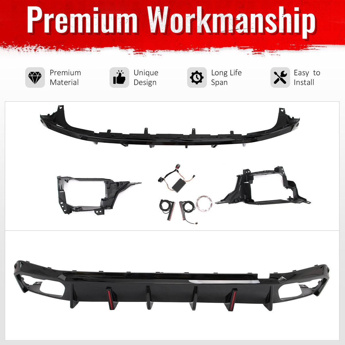 2019-2026 BMW X5 G05 M Sport Rear Diffuser Lip W/ LED Brake Light Gloss Black PP