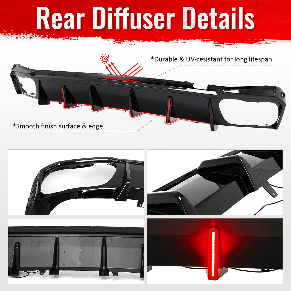 2019-2026 BMW X5 G05 M Sport Rear Diffuser Lip W/ LED Brake Light Gloss Black PP