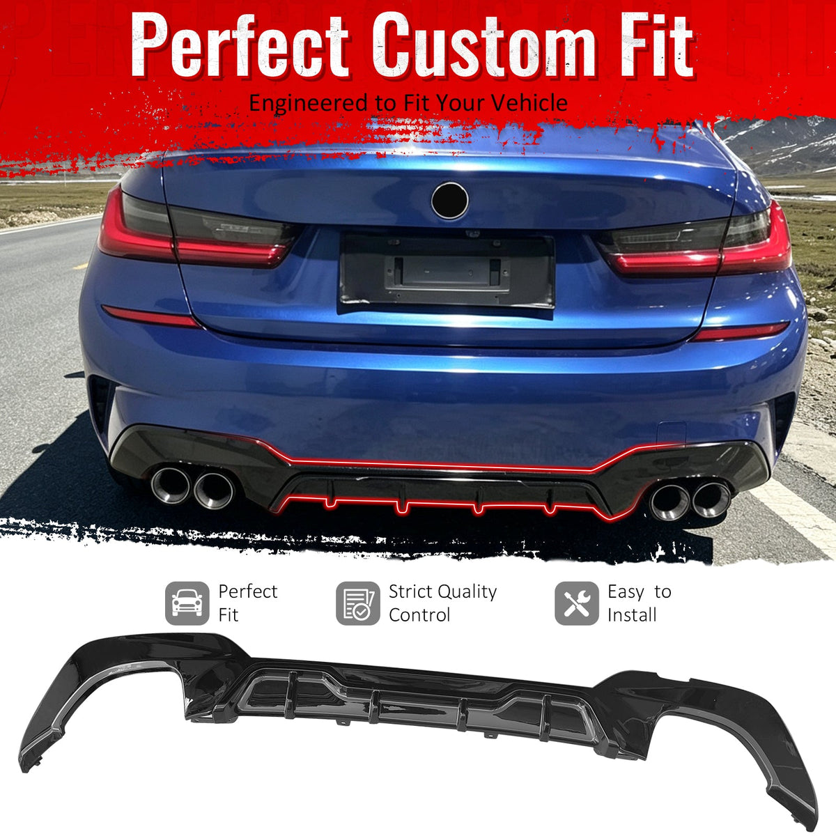 2019-2022 BMW Pre LCI G20 3 Series Rear Bumper Diffuser Lip M340 Style Square Tips Gloss Black