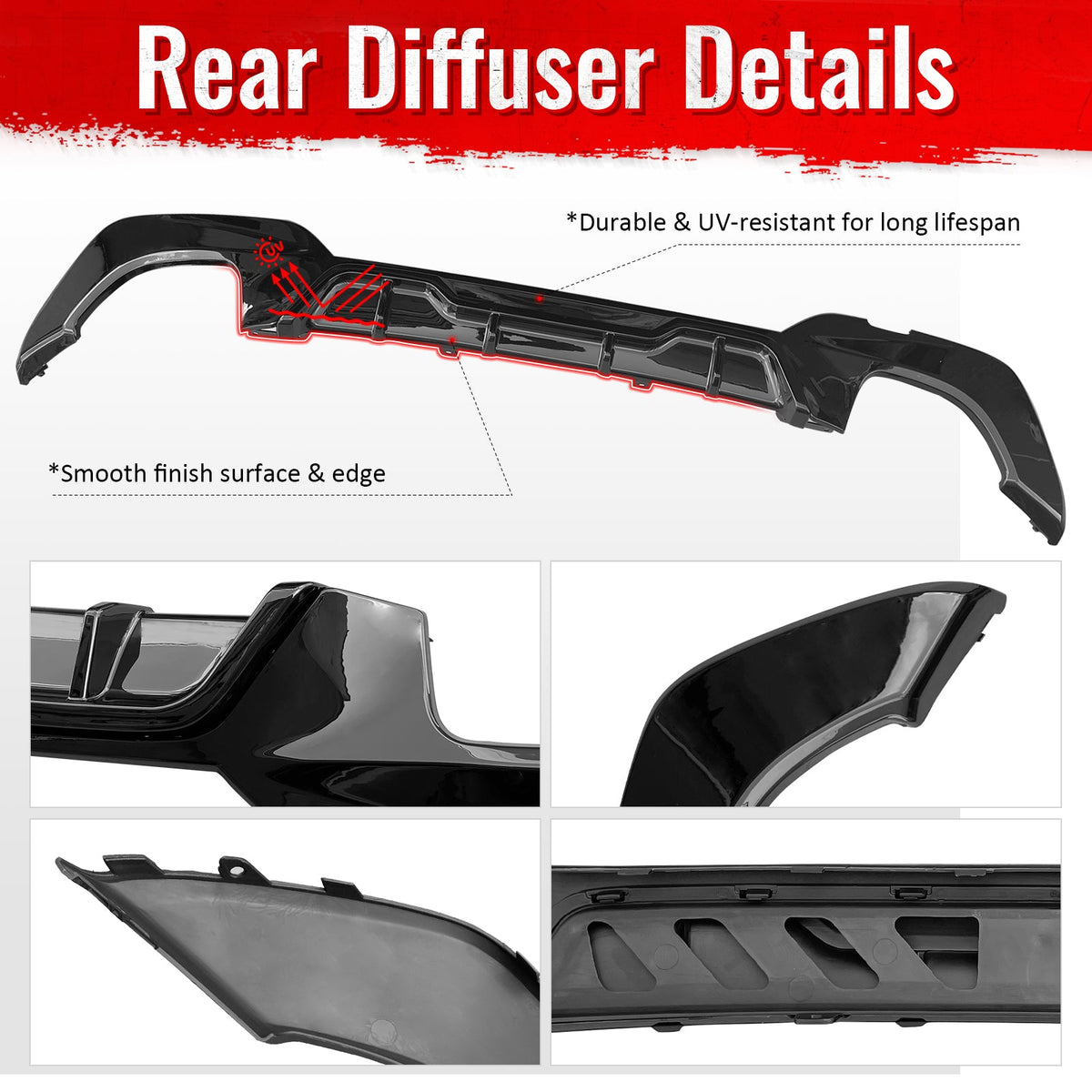2019-2022 BMW Pre LCI G20 3 Series Rear Bumper Diffuser Lip M340 Style Square Tips Gloss Black