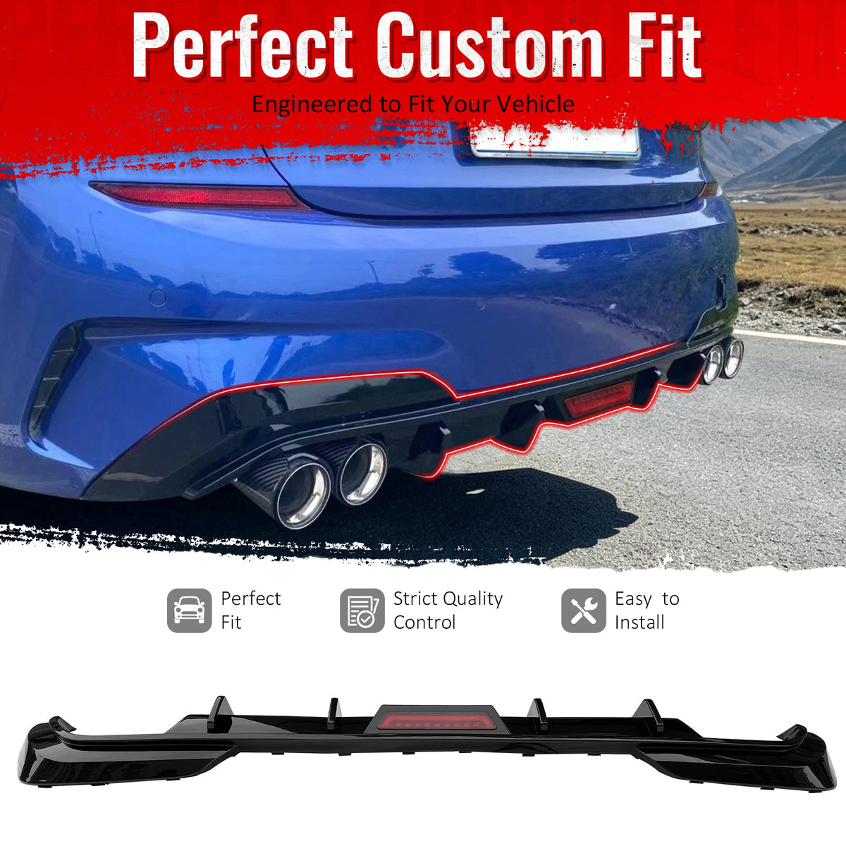 2019-2022 BMW Pre LCI G20 3 Series M340 Style Gloss Black Rear Bumper Diffuser w/ LED Light