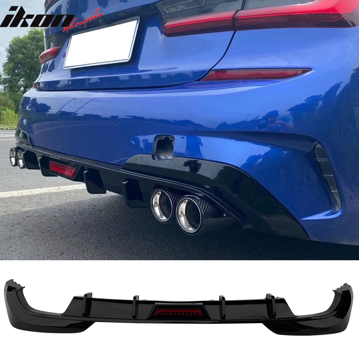 2019-2022 BMW Pre LCI G20 3 Series M340 Style Gloss Black Rear Bumper Diffuser w/ LED Light