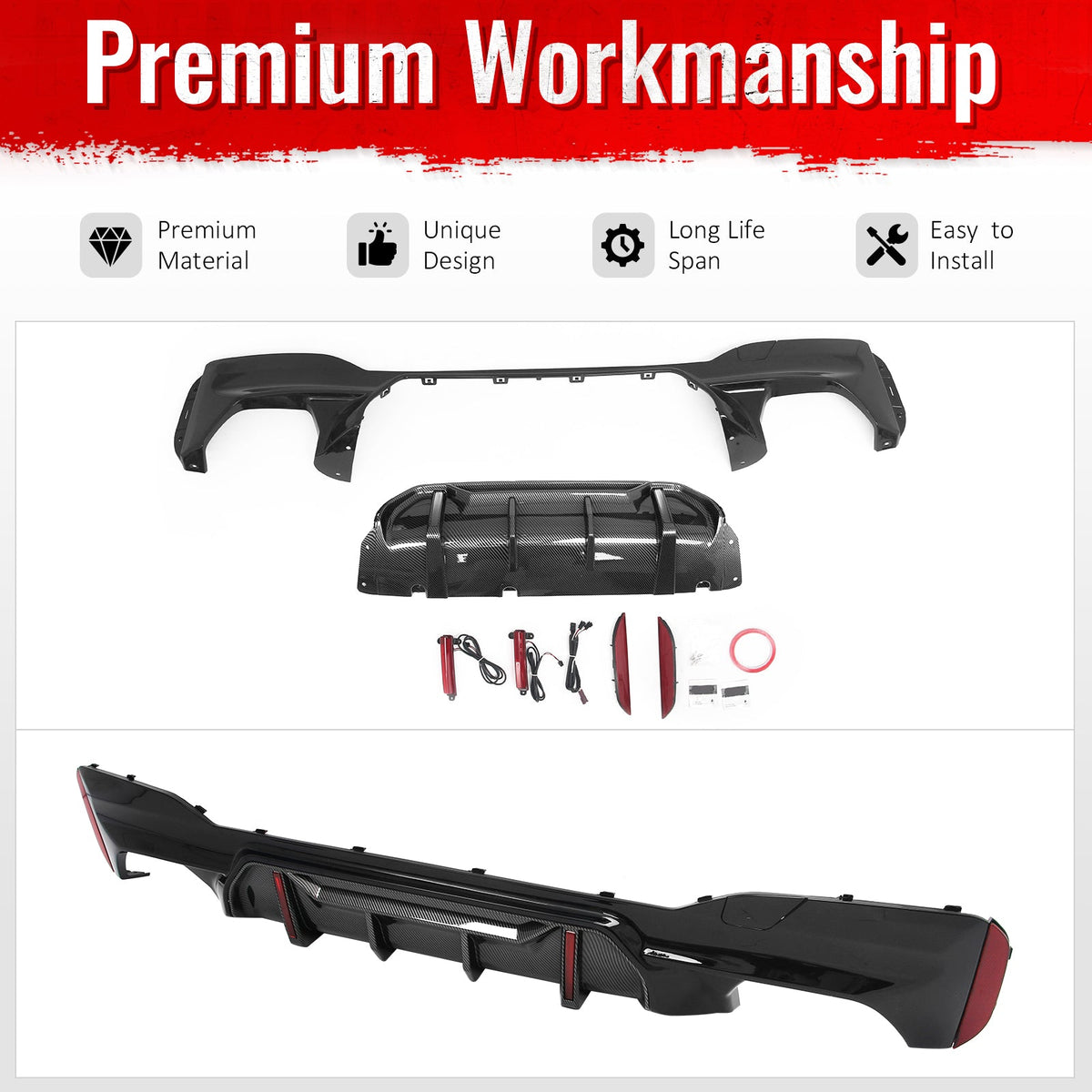 2017-2023 BMW 5 Series G30 M Sport IKON Style Gloss Black Rear Diffuser Carbon Fiber Print Fin w/ LED Lights