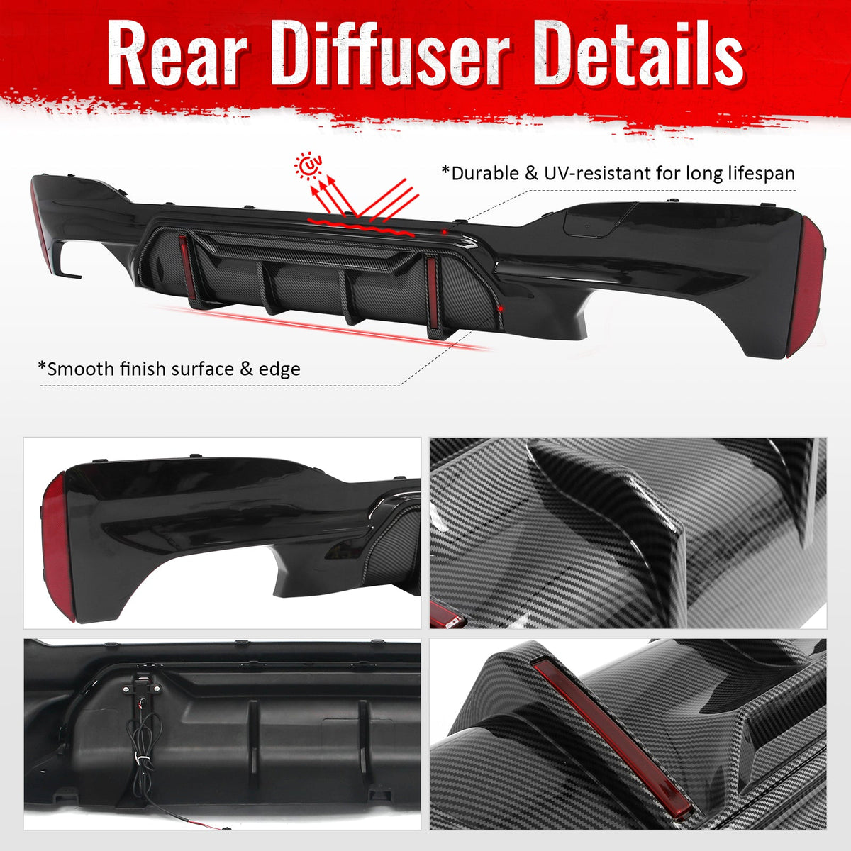2017-2023 BMW 5 Series G30 M Sport IKON Style Gloss Black Rear Diffuser Carbon Fiber Print Fin w/ LED Lights