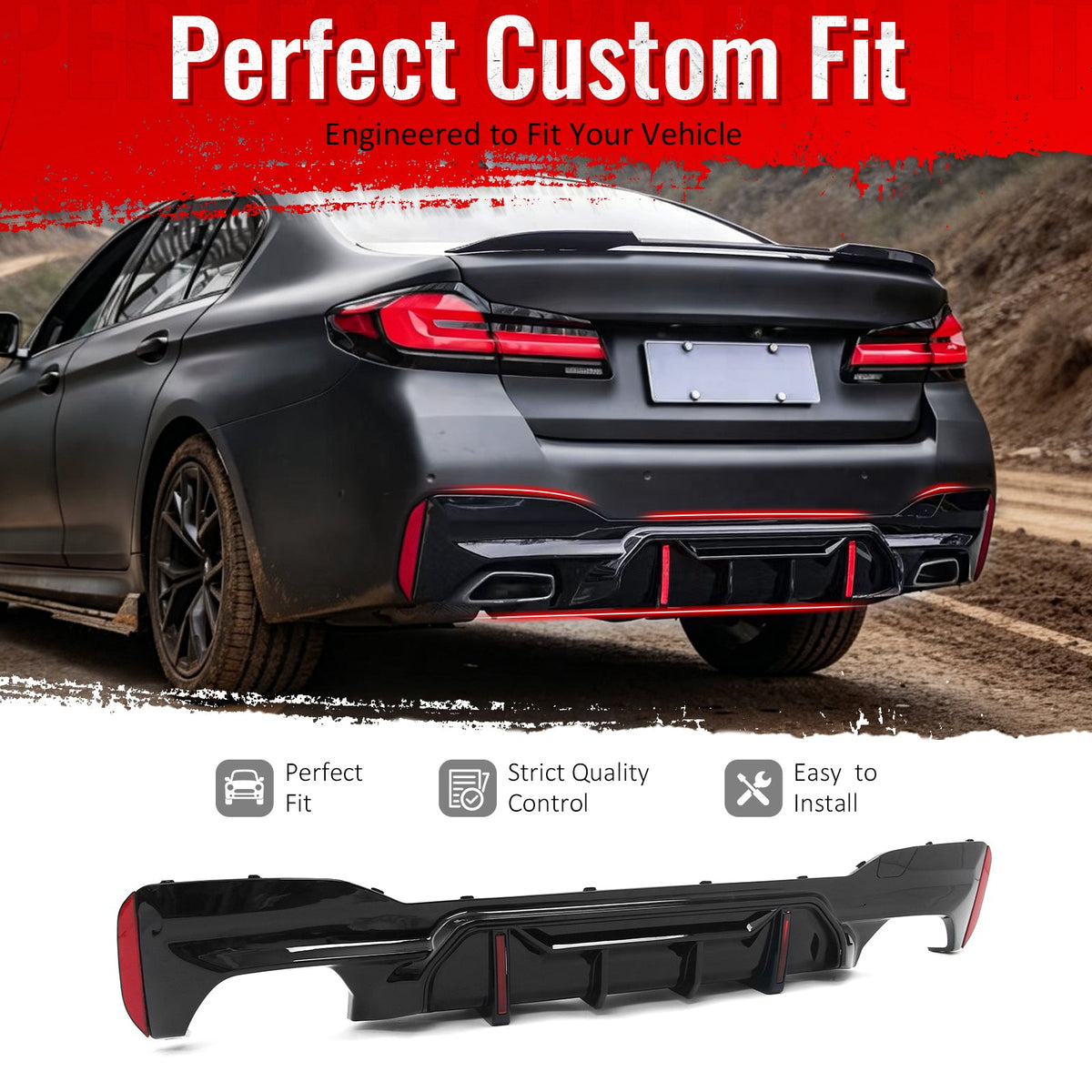 2017-2023 BMW 5 Series G30 M Sport IKON Style Gloss Black PP Rear Bumper Diffuser w/ LED Lights