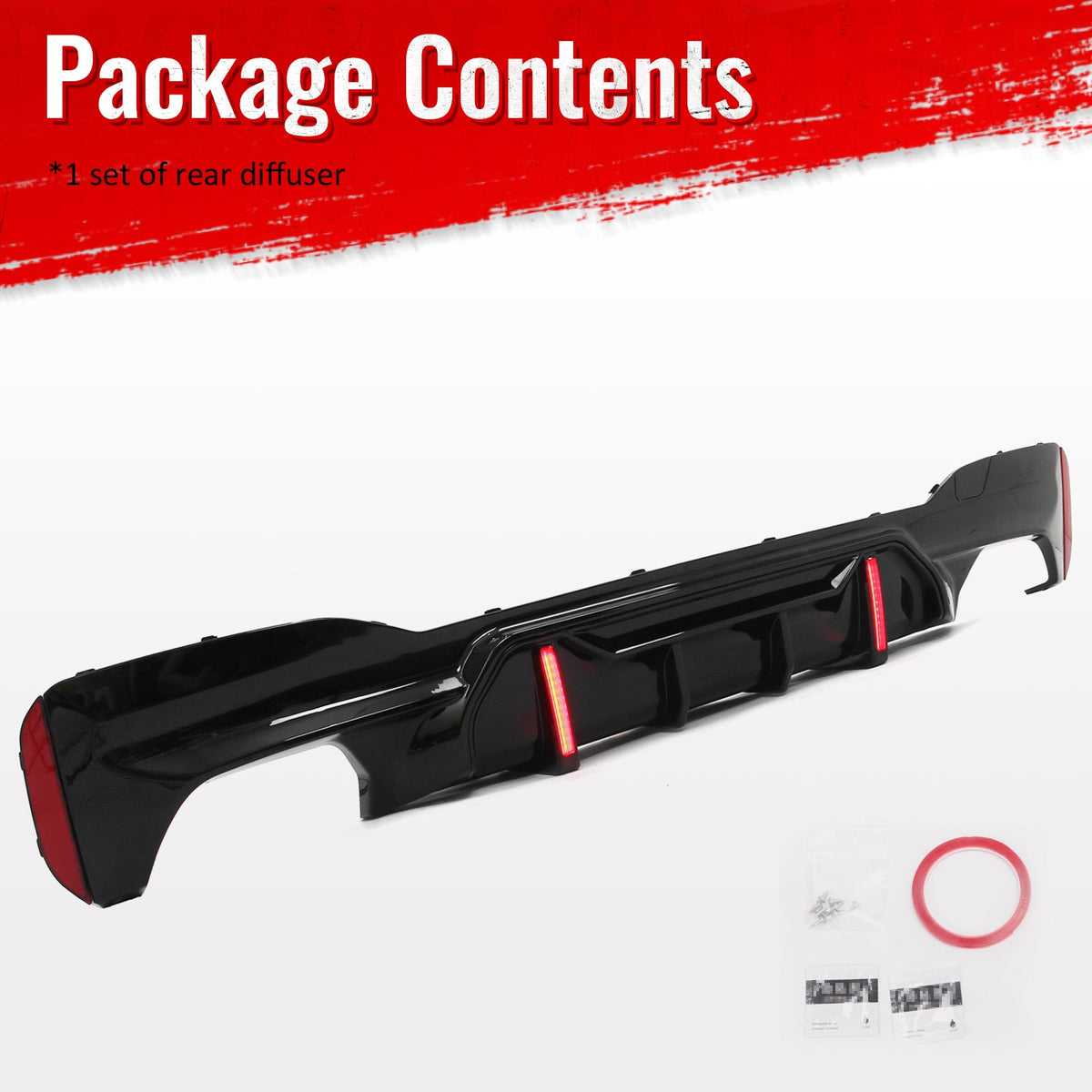 2017-2023 BMW 5 Series G30 M Sport IKON Style Gloss Black PP Rear Bumper Diffuser w/ LED Lights