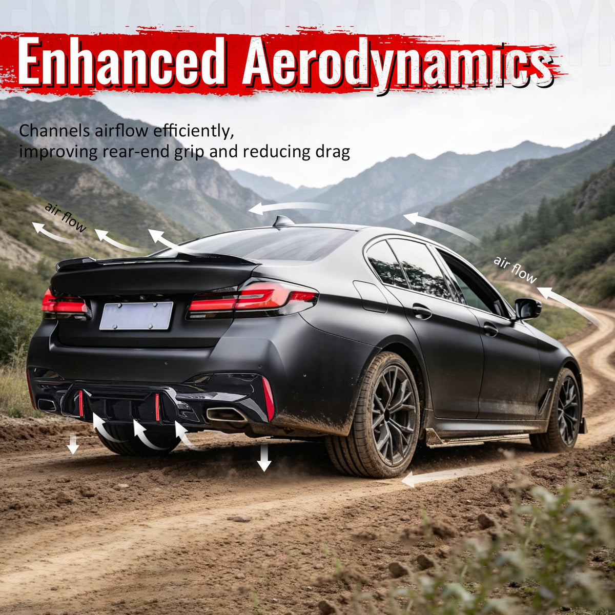 2017-2023 BMW 5 Series G30 M Sport IKON Style Gloss Black PP Rear Bumper Diffuser w/ LED Lights