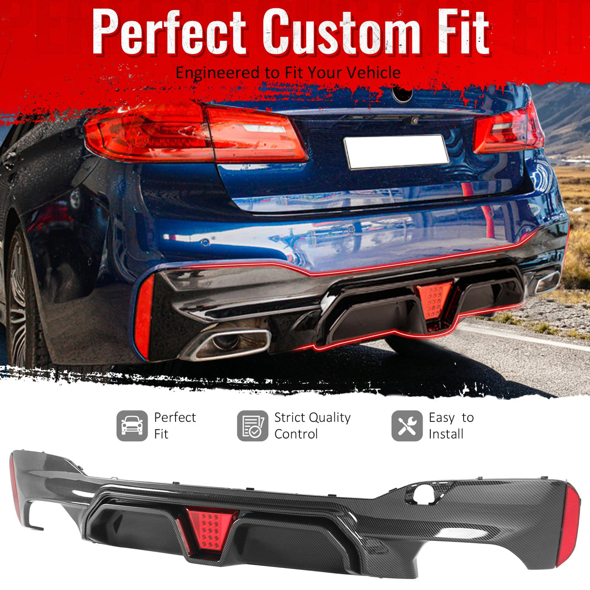 2017-2023 BMW G30 G31 G38 5 Series F90 M5 CS Style Rear Bumper Diffuser w/ LED Light Carbon Fiber Print PP