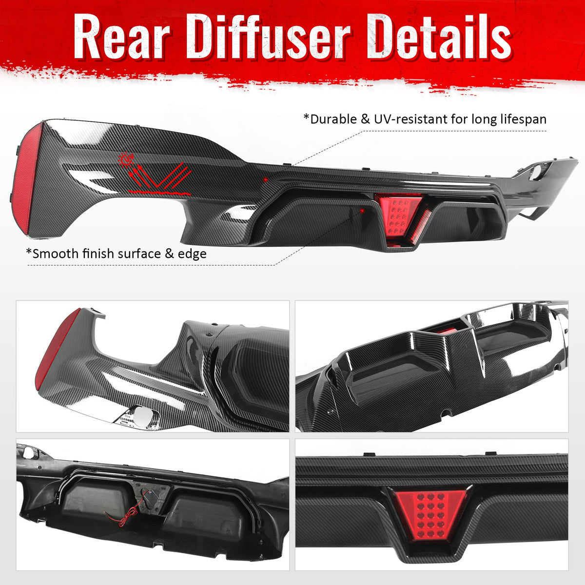 2017-2023 BMW G30 G31 G38 5 Series F90 M5 CS Style Rear Bumper Diffuser w/ LED Light Carbon Fiber Print PP