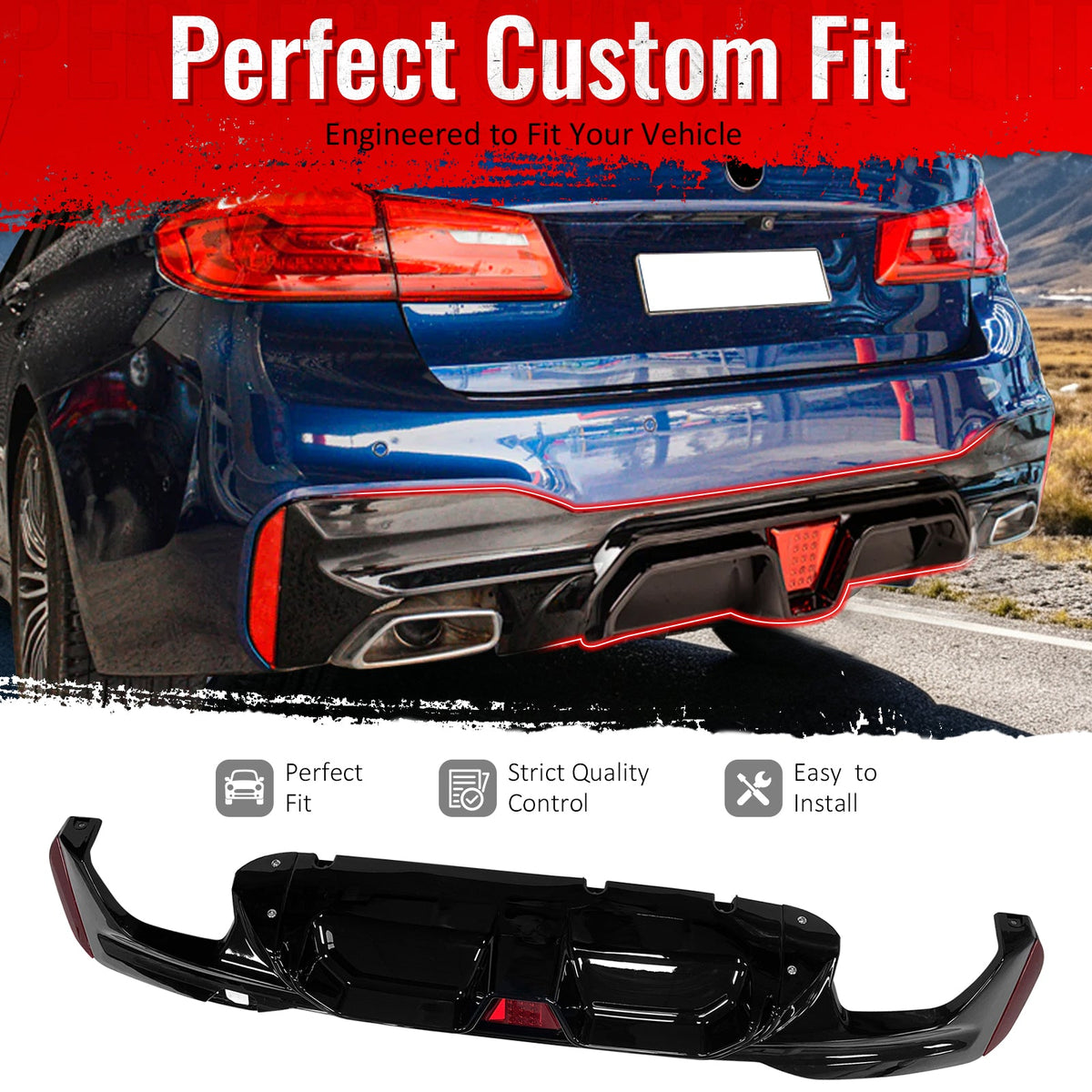 2017-2023 BMW G30 G31 G38 5 Series F90 M5 CS Style Rear Bumper Diffuser w/ LED Light Gloss Black PP
