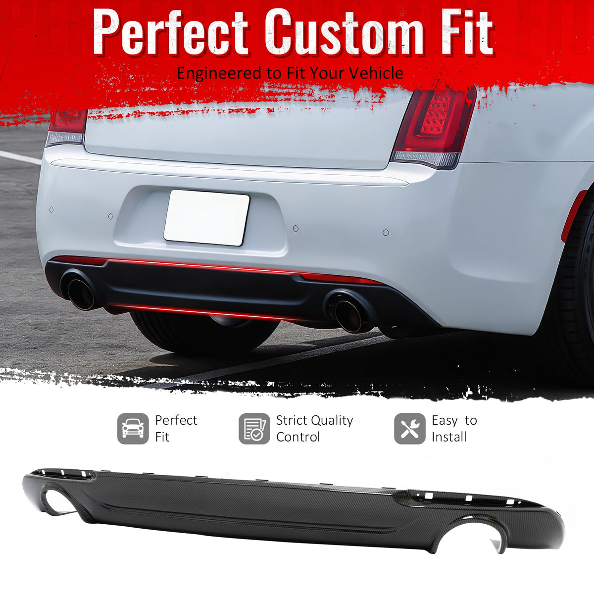 2015-2023 Chrysler 300 C Style Rear Diffuser Bumper W/ Round Tip Carbon Fiber Print PP
