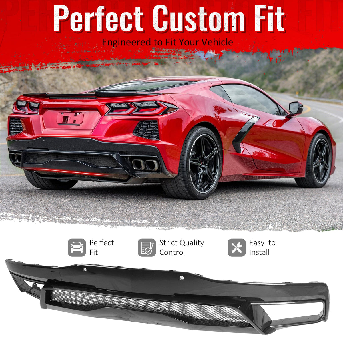 Rear Diffuser Lip for Chevy Corvette C8 Stingray & Z51 2020-2026 Pearl Black PP