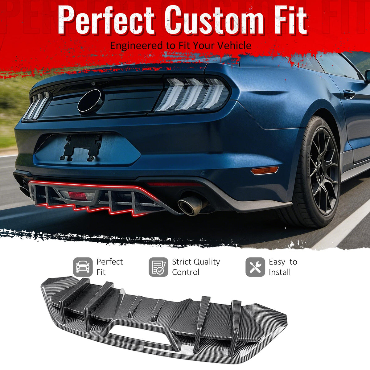 2018-2023 Ford Mustang Ecoboost & Ecoboost Premium Rear Bumper Lip Diffuser Lower Valance Exterior Auto Parts IKON Style Carbon Fiber Print PP
